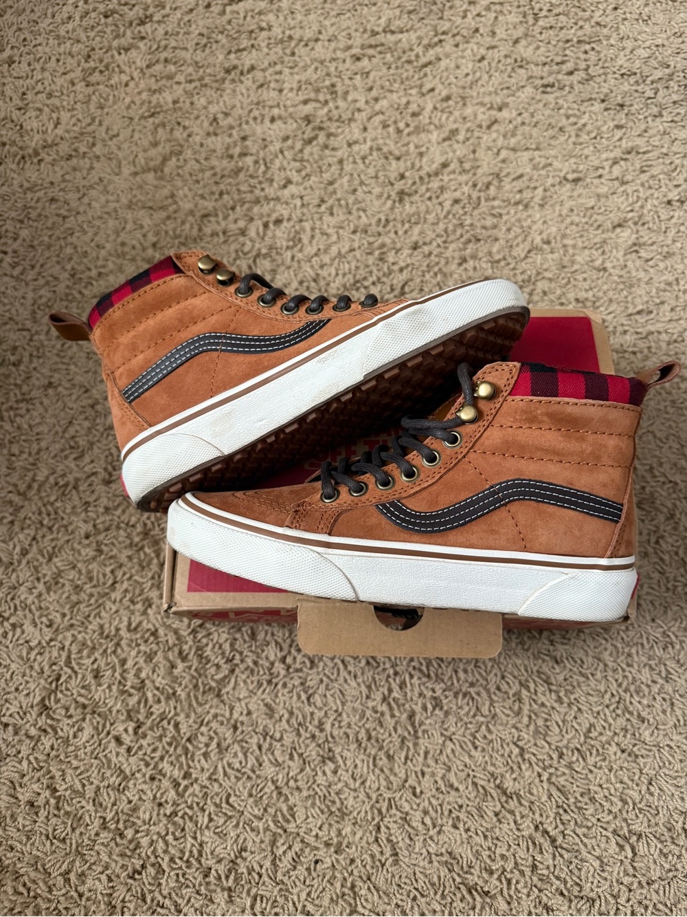 Vans Brown Suede High-Top Sneakers with Red Plaid Accent